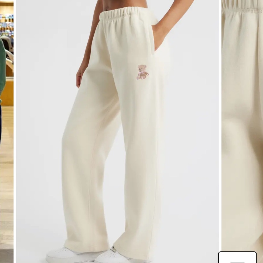 Happy Camp3R Camp3y Teddy Bear Embroidered Cream Wide Leg Sweatpants M NWT